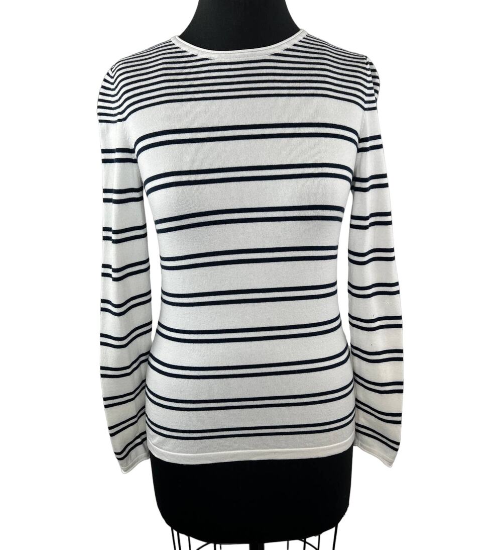 J. McLaughlin White Black Stripe Cotton Blend Crewneck Pullover Sweater Size XS